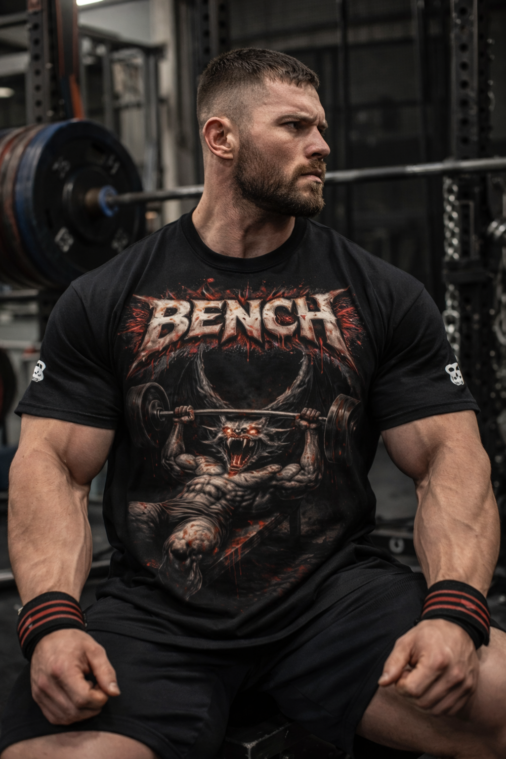 Ragazzo con maglietta panca piana per powerlifter